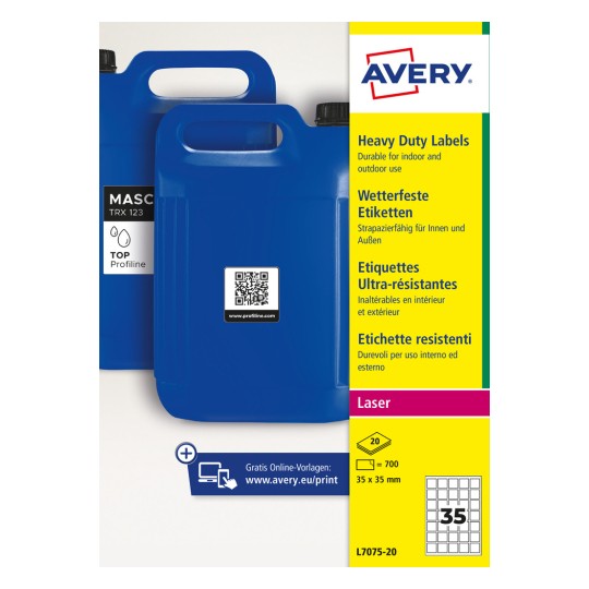 Blå plastdunk med QR-kodsetikett bredvid Avery-etikettförpackning?