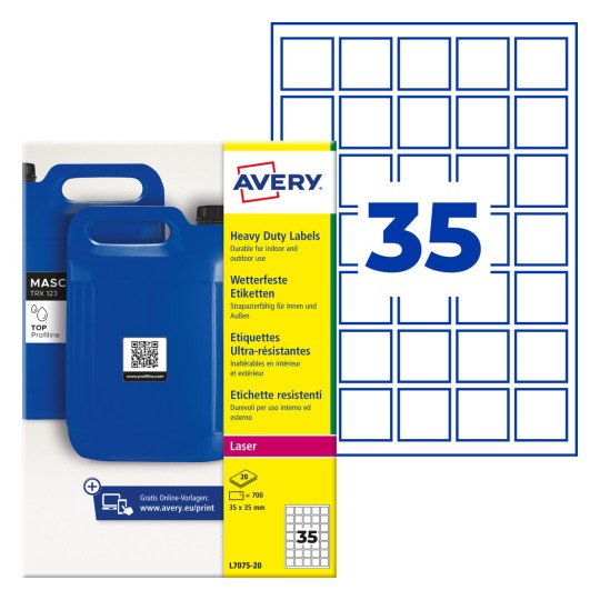 Avery kraftig etikettförpackning med blå dunkar och ett rutnät som visar 35 kvadratiska etiketter?