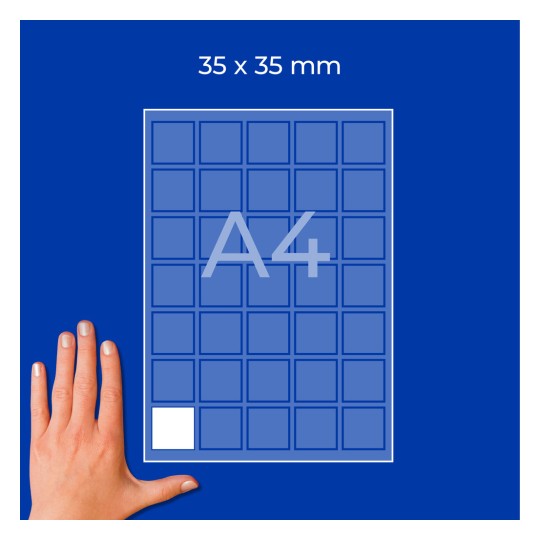 A4-ark med rutnät av 35×35 mm stora rutor med en vit ruta och en hand längst ned till vänster?