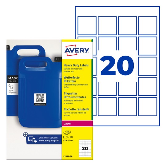 Avery kraftig etikettförpackning med blå dunkar och ett rutnät som visar 20 kvadratiska etiketter?