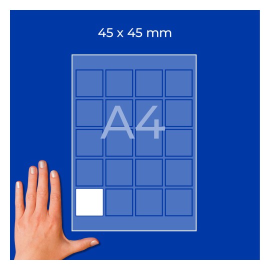 Hand bredvid A4-arkmockup med 45×45 mm rutnät och en vit kvadrat?