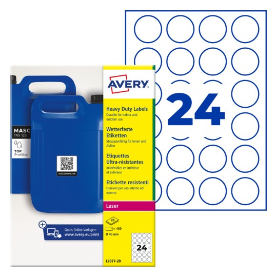 Avery kraftiga runda etikettförpackning som visar blå behållare och ett ark med 24 runda etiketter?