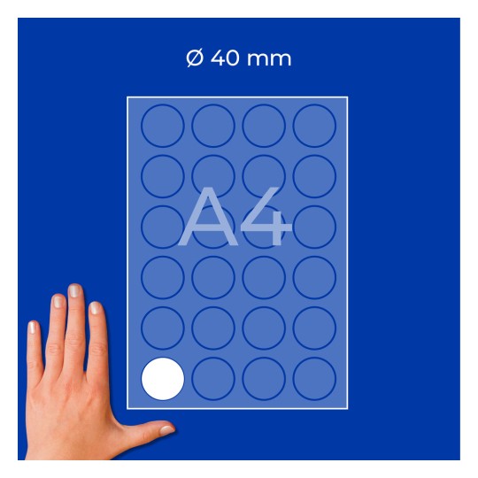 Hand bredvid ett A4-ark med ett rutnät av runda klistermärken på 40 mm, ett vitt klistermärke visas?