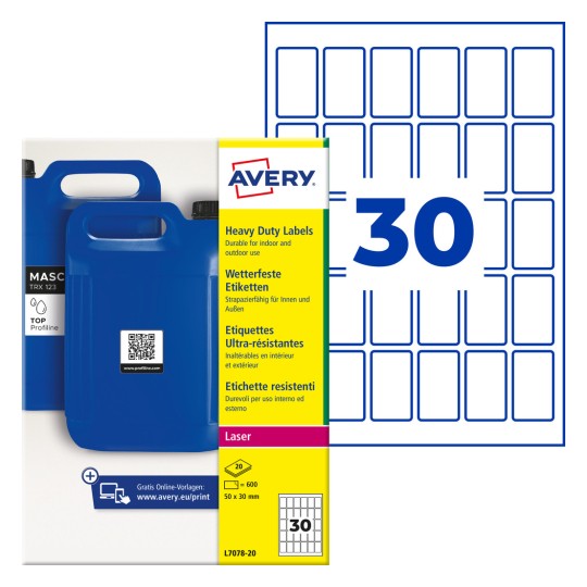 Ett Avery-etikettpaket för tungt bruk med blå dunkar och det stora numret 30?