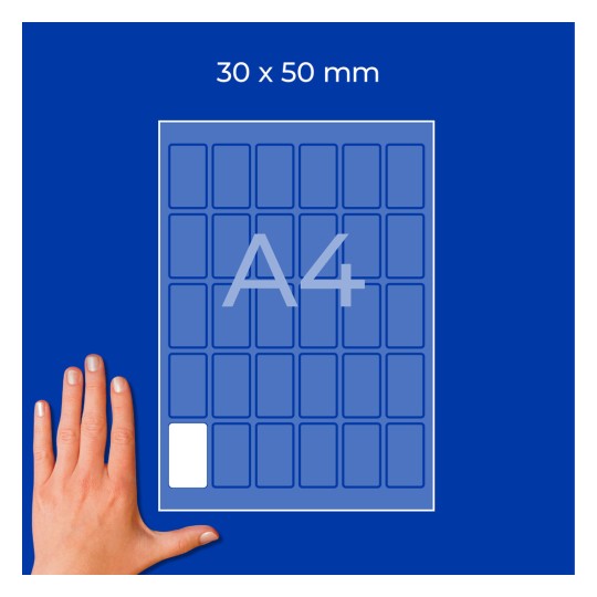 Hand bredvid ett diagram på ett A4-ark märkt 30 x 50 mm med små rektangulära rutor?