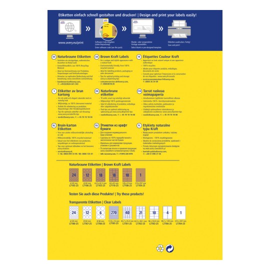 Bilden visar olika etiketter som erbjuds av Avery, med fokus på Brown Kraft-etiketter och deras specifikationer. Den innehåller information om material, utskriftstips och kundtjänstkontakter på flera språk.