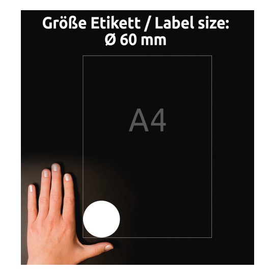 Storleksjämförelse med hand, Artikel: L7104REV-25, ett ark med runda etiketter, avtagbara, storlek: ⌀ 60 mm, färg: vit.