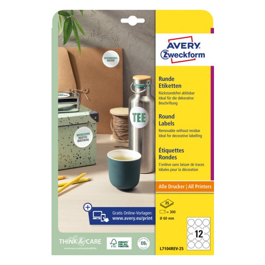 Förpackningsbild: Avery Zweckform Runda Etiketter, Artikel: L7104REV-25, Format: ⌀ 60 mm, Skrivare: Bläckstråle, Laserskrivare svart/vit, Färglaserskrivare, Innehåll: 300 etiketter / 25 ark, 12 etiketter/ark.