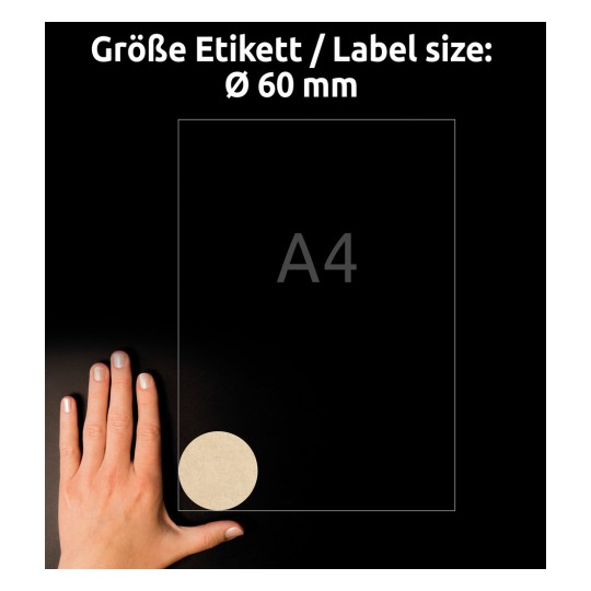 Storleksjämförelse med hand, Artikel: L7106-25, ett ark naturligt bruna etiketter, format: ⌀ 60 mm, färg: naturligt brun?