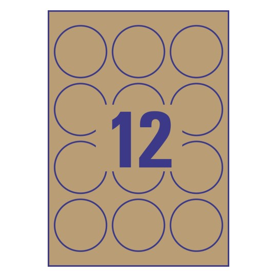 Stansritning enskilt ark A4, Artikel: L7106-25, Naturligt bruna etiketter, Format: ⌀ 60 mm, 12 etiketter/ark.