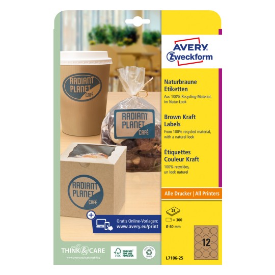 Förpackningsbild: Avery Zweckform Bruna Kraftpappersetiketter, Artikel: L7106-25, Format: ⌀ 60 mm, Skrivarutrustning: Bläckstråle, Laser svart/vit, Färglaser, Innehåll: 300 etiketter / 25 ark, 12 etiketter/ark.