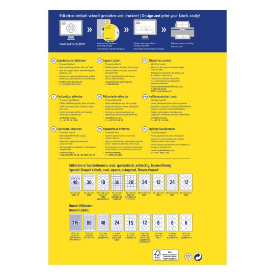 Bilden visar en guide för att designa och skriva ut olika typer av etiketter, inklusive fyrkantiga, runda, rektangulära och speciella formade etiketter. Den inkluderar mått och produktkoder för olika etikettformat och ger kontaktinformation för kundtjänst på olika språk.