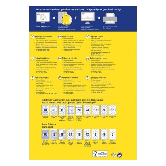 Denna bild visar en katalog över etikettdesigner och tryckalternativ från Avery, inklusive fyrkantiga, rektangulära, ovala, runda och specialformade etiketter, med flerspråkiga beskrivningar och trycktips.