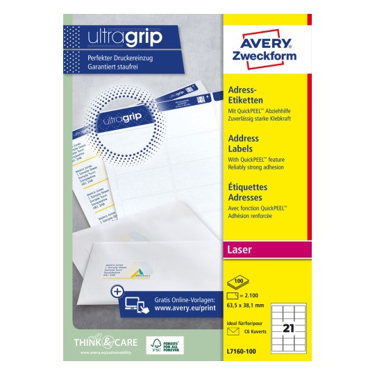 Förpackningsbild: Avery Zweckform Vita adressetiketter för laserskrivare, Artikel: L7160-100, Format: 63,5 x 38,1 mm, Skrivaranpassning: Laser svart/vit, färglaser, Innehåll: 2.100 etiketter / 100 ark, 21 etiketter/ark