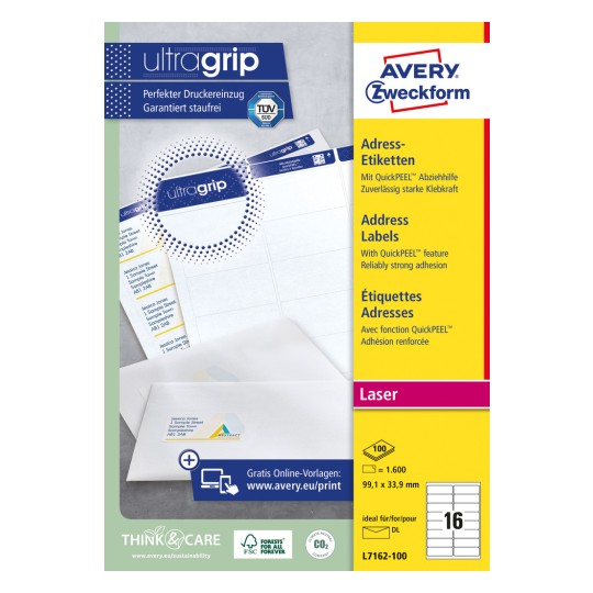 Förpackningsbild: Avery Zweckform Vita adressetiketter för laserskrivare, Artikel: L7162-100, Format: 99,1 x 33,9 mm, Lämplig för skrivare: Laser s/v, färglaser, Innehåll: 1.600 etiketter / 100 ark, 16 etiketter/ark.