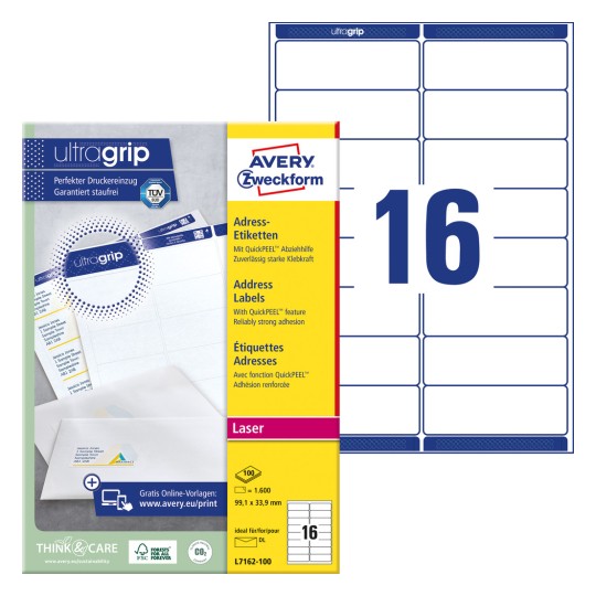 Förpackningsbild med etikettark: Avery Zweckform Adressetiketter, Artikel: L7162-100, Format: 99,1 x 33,9 mm, Skrivarens lämplighet: Laser svart/vit, färglaser, Innehåll: 1.600 etiketter / 100 ark, 16 etiketter/ark.