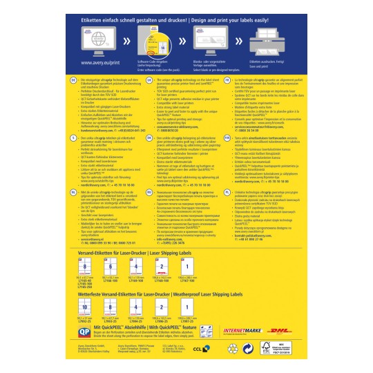 Bilden visar en informationsbroschyr om etiketter för laserskrivare, med detaljer om funktioner som ultragrip-teknik, QuickPEEL-assistans, utskriftstips och olika typer av tillgängliga etiketter. Broschyren innehåller flera språk och kontaktinformation för förfrågningar.