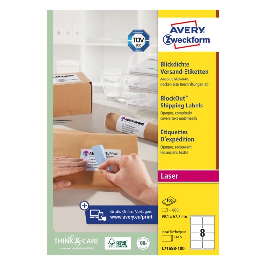Förpackningsbild: Avery Zweckform Vita fraktetiketter, Artikel: L7165B-100, Format: 67,7 x 99,1 mm, Skrivarekompatibilitet: Laser svart/vit, färglaserskrivare, Innehåll: 800 etiketter / 100 ark, 8 etiketter/ark.