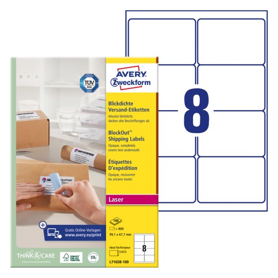 Förpackningsbild med etikettark: Avery Zweckform Fraktetiketter, Artikel: L7165B-100, Format: 67,7 x 99,1 mm, Utskriftstyp: Laser svartvit, färglaser, Innehåll: 800 etiketter / 100 ark, 8 etiketter/ark.