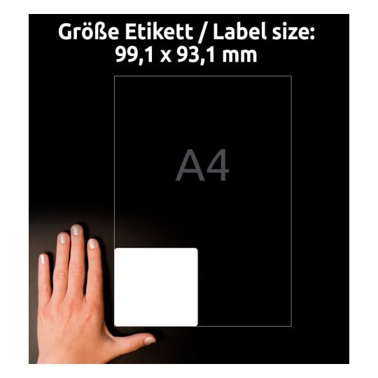 Storleksjämförelse med hand, artikel: L7166-100, ett ark fraktetiketter, format: 99,1 x 93,1 mm, färg: Vit.