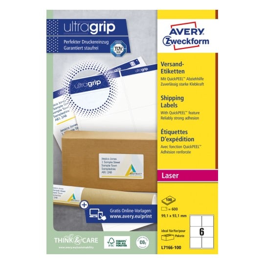 Förpackningsbild: Avery Zweckform Vita fraktetiketter, Artikel: L7166-100, Format: 99,1 x 93,1 mm, Lämpliga för utskrift: Svartvit laser, färglaser, Innehåll: 600 etiketter / 100 ark, 6 etiketter/ark