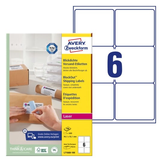 Förpackningsbild med etikettsark: Avery Zweckform fraktetiketter, Artikel: L7166B-100, Format: 99,1 x 93,1 mm, Skrivarens lämplighet: Laser svart/vit, färglaserskrivare, Innehåll: 600 etiketter / 100 ark, 6 etiketter/ark