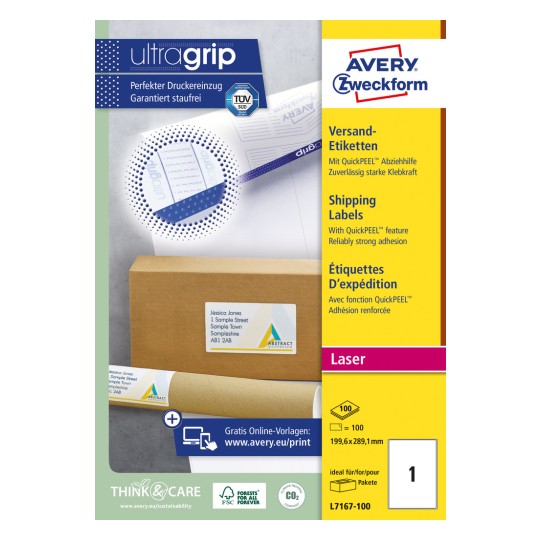 Förpackningsbild: Avery Zweckform Vita fraktetiketter, Artikel: L7167-100, Format: 199,6 x 289,1 mm, Skrivarpassning: Laser s/v, färglaser, Innehåll: 100 etiketter / 100 ark, 1 etikett/ark?