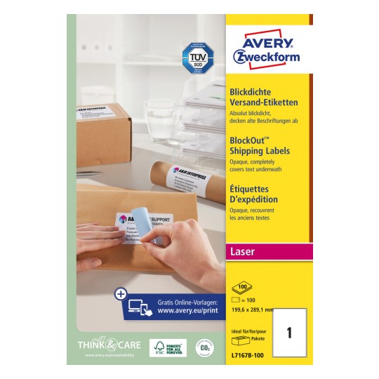 Förpackningsbild: Avery Zweckform Vita Fraktetiketter, Artikel: L7167B-100, Format: 199,6 x 289,1 mm, Skrivarens lämplighet: Laser s/v, färglaser, Innehåll: 100 etiketter / 100 ark, 1 etikett/ark?