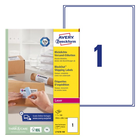Förpackningsbild med etikettark: Avery Zweckform fraktetiketter, Artikel: L7167B-100, Format: 199,6 x 289,1 mm, Utskriftslämplighet: Laser s/v, färglaser, Innehåll: 100 etiketter / 100 ark, 1 etikett/ark.