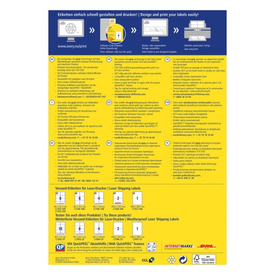 Bilden är ett reklammaterial för Averys teknik för etikettutskrift som innehåller flera språk. Den beskriver funktionerna och fördelarna med ultratag-teknologin för laserskrivare och inkluderar instruktioner för att använda QuickPEEL-etiketter.