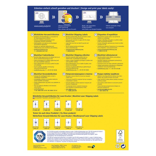En bild som visar information om BlockOut-fraktetiketter, inklusive design- och utskriftsinstruktioner på flera språk.
