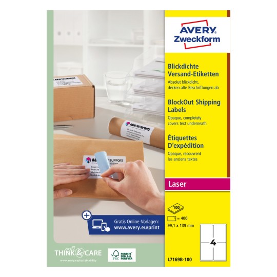Förpackningsbild: Avery Zweckform Vita Frakt-Etiketter, Artikel: L7169B-100, Format: 99,1 x 139 mm, Trycklämplighet: Laser svartvitt, färglaser, Innehåll: 400 etiketter / 100 ark, 4 etiketter/ark
