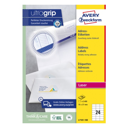 Förpackningsbild: Avery Zweckform, Artikel: L7181-100, Format: 70 x 37 mm, Tryckkompatibilitet: Färglaserskrivare, svartvitt laserskrivare, Innehåll: 2 400 etiketter / 100 ark, 24 etiketter/ark.