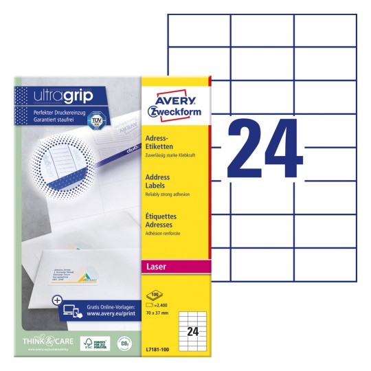 Förpackningsbild med etikettark: Avery Zweckform, Artikel: L7181-100, Format: 70 x 37 mm, Skrivarkompatibilitet: Färglaser, Laser svart/vit, Innehåll: 2.400 etiketter / 100 ark, 24 etiketter/ark.