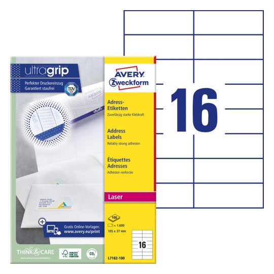 Förpackningsbild med etikettark: Avery Zweckform, Artikel: L7182-100, Format: 105 x 37 mm, Skrivarkompatibilitet: färglaserskrivare, svartvit laserskrivare, Innehåll: 1.600 etiketter / 100 ark, 16 etiketter/ark.