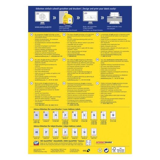 Bilden är ett informationsblad om Averys etikettutskriftsteknik, som visar funktioner, instruktioner och olika etikettstorlekar för både laser- och bläckstråleskrivare på flera språk.
