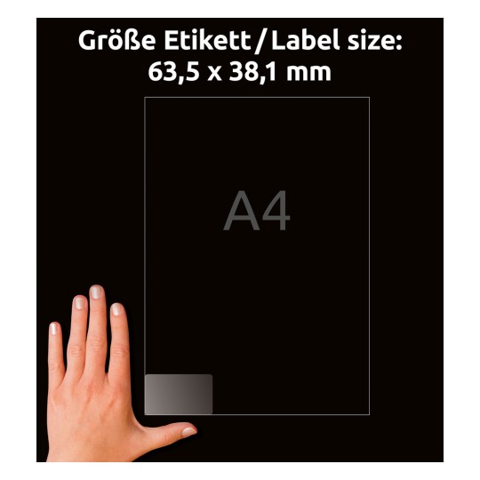Storleksjämförelse med hand, Artikel: L7560-25, ett ark adressetiketter, format: 63,5 x 38,1 mm, färg: Transparent?