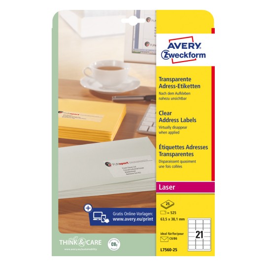 Förpackningsbild: Avery Zweckform Transparenta Fraktetiketter, för laserskrivare, Artikel: L7560-25, Format: 63,5 x 38,1 mm, Skrivarvänlighet: Laser svart/vit, Färglaser, Innehåll: 525 etiketter / 25 ark, 21 etiketter/ark.