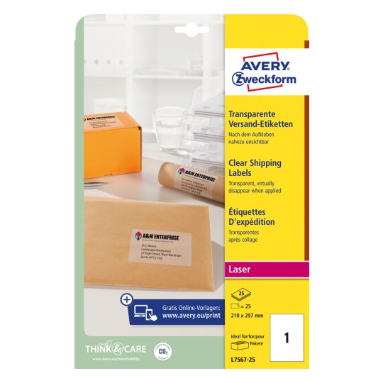 Förpackningsbild: Avery Zweckform Transparenta Fraktetiketter, för laserskrivare, Artikel: L7567-25, Format: 210 x 297 mm, Skrivarutställning: Laser svart/vitt, färglaser, Innehåll: 25 etiketter / 25 ark, 1 etikett/ark.