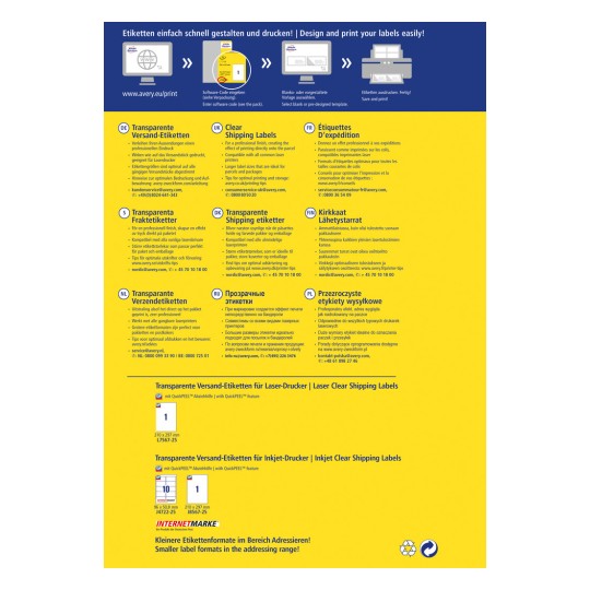 Bilden visar ett reklamblad för Averys transparenta fraktetiketter. Det inkluderar instruktioner på flera språk och betonar kompatibilitet med laser- och bläckstråleskrivare. Det finns olika etikettalternativ och mallar för enkel design och utskrift.