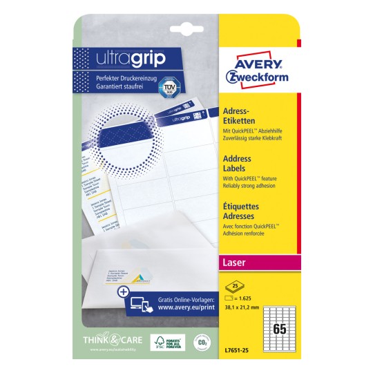 Förpackningsbild: Avery Zweckform Vita adressetiketter för laserskrivare, Artikel: L7651-25, Format: 38,1 x 21,2 mm, Skrivarpassning: Laser S/V, färglaser, Innehåll: 1.625 etiketter / 25 ark, 65 etiketter/ark