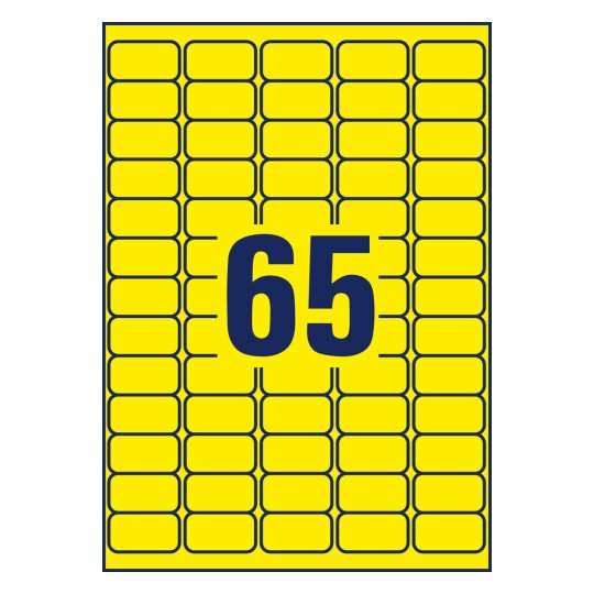 Stansritning enkelblad A4, Artikel: L7651Y-25, Etiketter i specialfärger, Format: 38,1 x 21,2 mm, 65 etiketter/blad