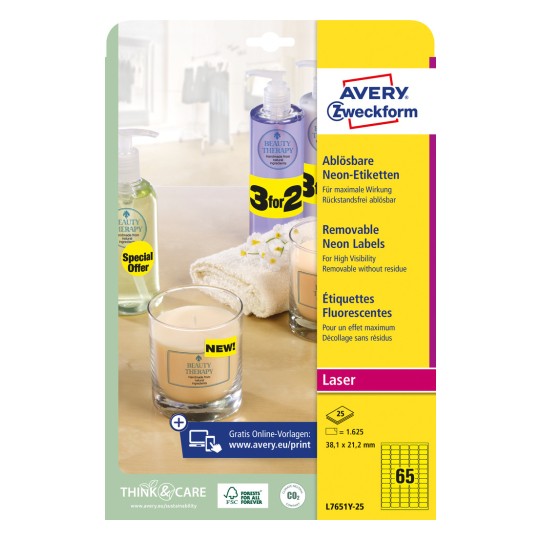 Förpackningsbild: Avery Zweckform Neon-etiketter, Artikel: L7651Y-25, Format: 38,1 x 21,2 mm, Utskriftsmöjlighet: Laser svart/vit, Färglaser, Innehåll: 1.625 etiketter / 25 ark, 65 etiketter/ark