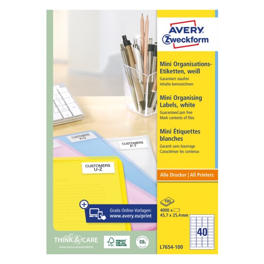 Förpackningsbild: Avery Zweckform Mini organisationsetiketter, Artikel: L7654-100, Format: 45,7 x 25,4 mm, Utskriftslämplighet: Bläckstråleskrivare, svartvit laserskrivare, färglaserskrivare, Innehåll: 4 000 etiketter / 100 ark, 40 etiketter/ark?