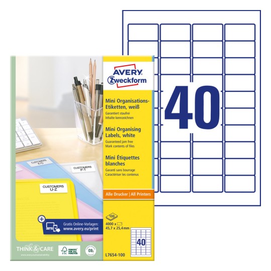 Förpackningsbild med etikettark: Avery Zweckform Mini-organisationsetiketter, Artikel: L7654-100, Format: 45,7 x 25,4 mm, Utskriftslämplighet: Bläckstråle, Svartvitt laser, Färglaser, Innehåll: 4 000 etiketter / 100 ark, 40 etiketter/ark.