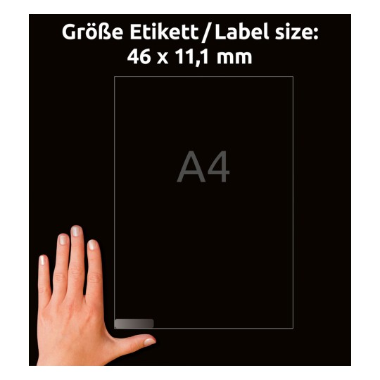 Storleksjämförelse med hand, artikel: L7656-25, ett ark med mini-organisationsetiketter, format: 46 x 11,1 mm, färg: vit.