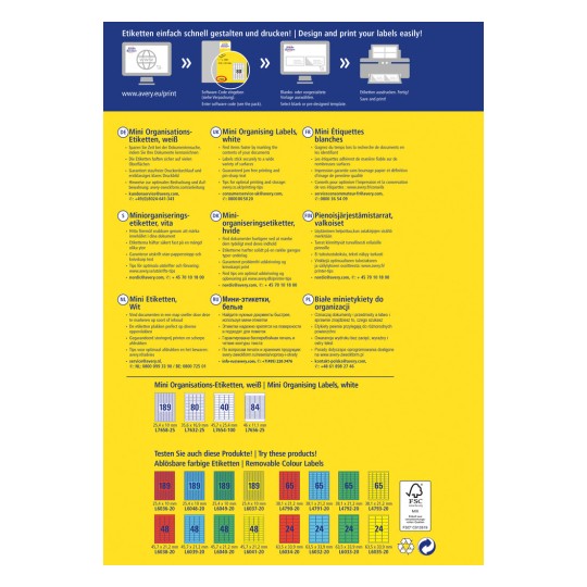 Bilden innehåller information om mini-organiseringsetiketter, inklusive utskriftsinstruktioner, designtemplates och produktdetaljer på flera språk. Den inkluderar specifikationer för olika etikettstorlekar och deras användningsområden.
