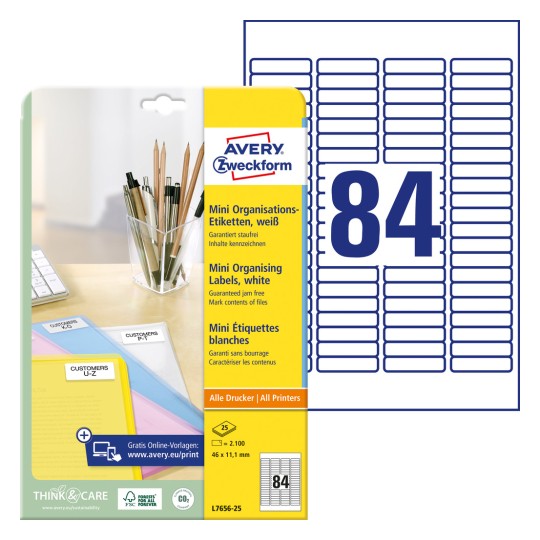 Förpackningsbild med etikettark: Avery Zweckform Mini-organisationsetiketter, Artikel: L7656-25, Format: 46 x 11,1 mm, Utskriftslämplighet: Bläckstråleskrivare, Svartvit laser, Färglaser, Innehåll: 2.100 etiketter / 25 ark, 84 etiketter/ark.