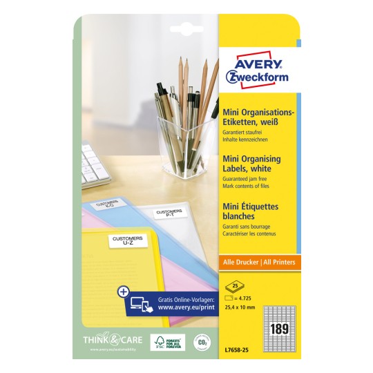 Förpackningsbild: Avery Zweckform Mini Organisationsetiketter, Artikel: L7658-25, Format: 25,4 x 10 mm, Skrivegenskaper: Bläckstråleskrivare, Laserskrivare svart/vit, Färglaserskrivare, Innehåll: 4.725 etiketter / 25 ark, 189 etiketter/ark