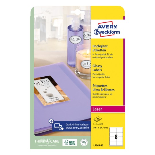 Förpackningsbild: Avery Zweckform Högblank-etiketter, Artikel: L7765-40, Format: 99,1 x 67,7 mm, Skrivarens lämplighet: Laser s/v, färglaser, Innehåll: 320 etiketter / 40 ark, 8 etiketter/ark.